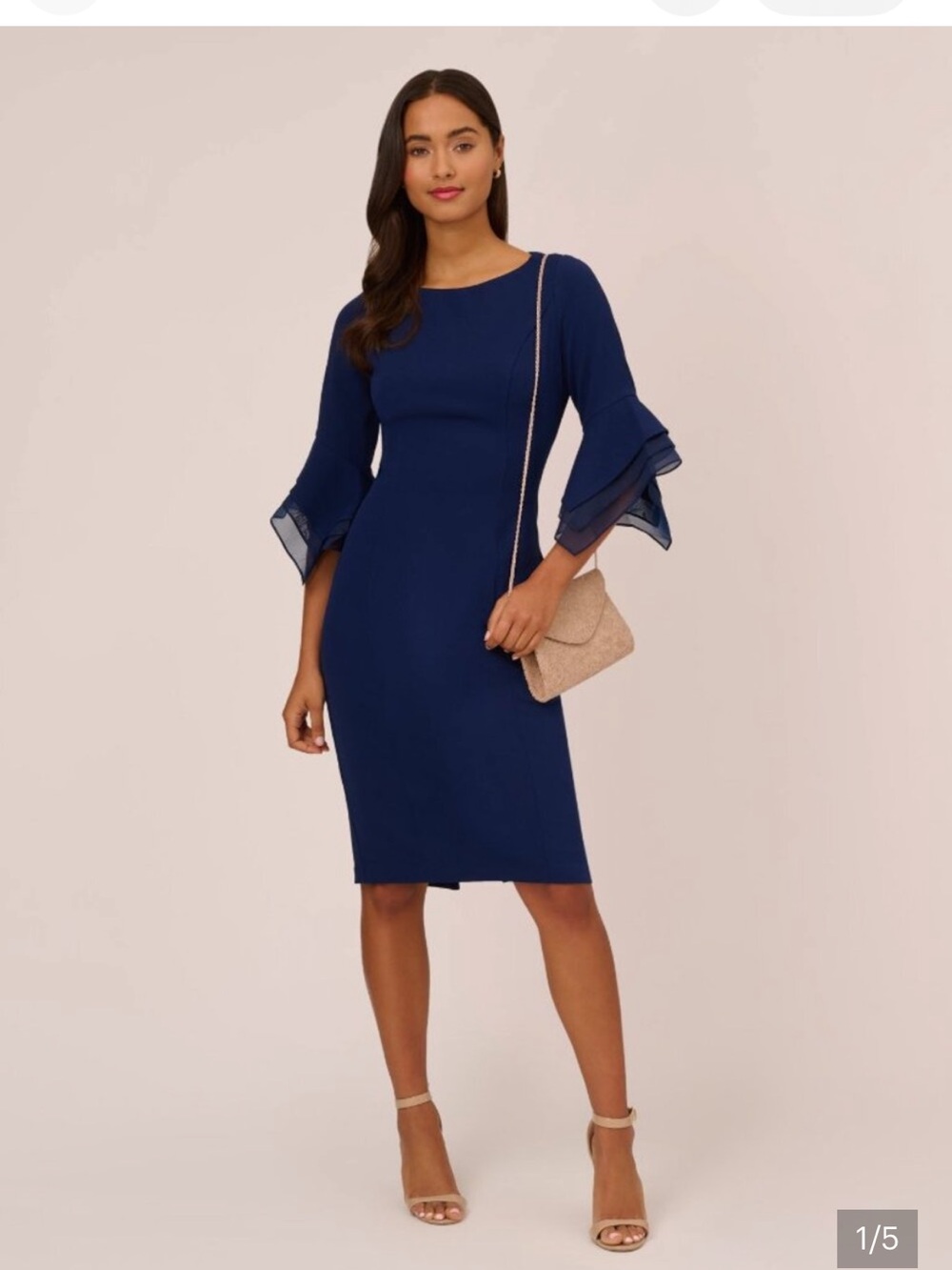 Adrianna Papell Navy Blue Midi Dress with Tiered Bell Sleeves - Picture 3 of 13